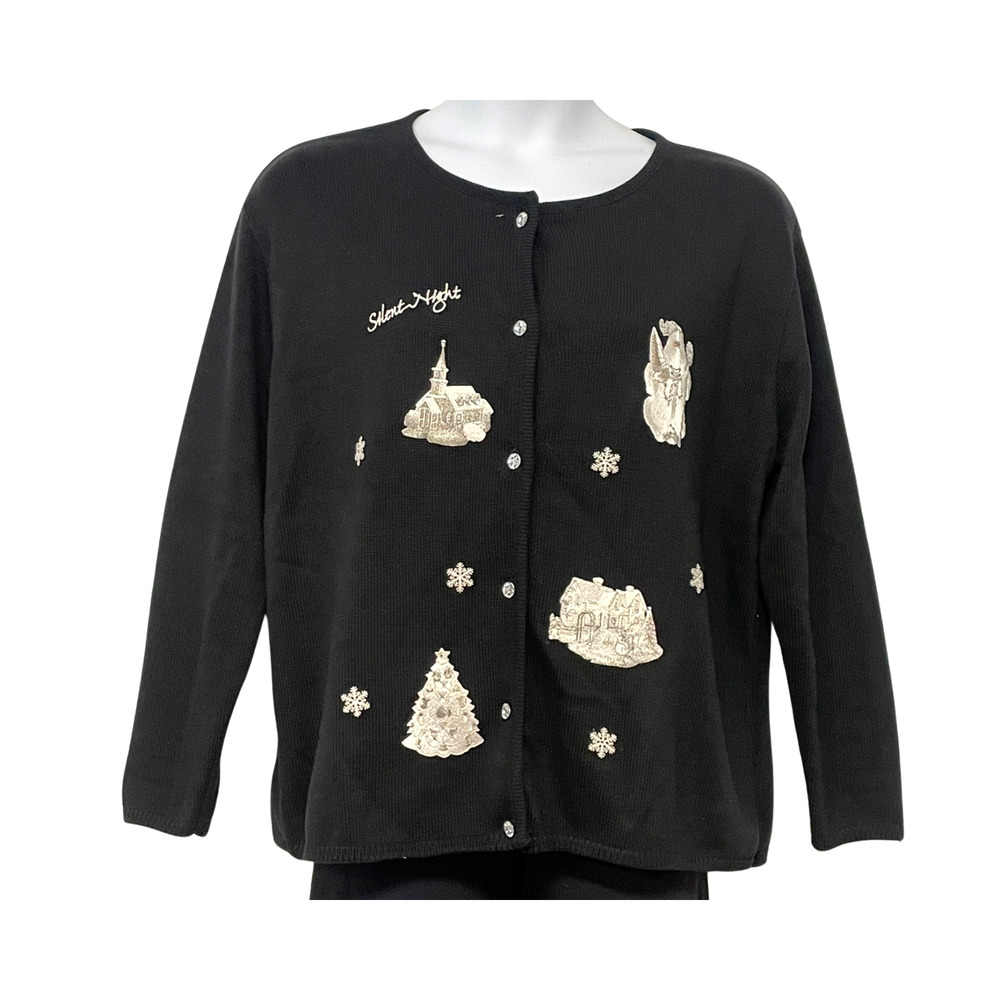 Vtg Y2K Tia Sz 1X Knit Cardigan Ugly Christmas Sweater Black Silver Embellished